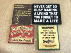 FOUR REPRODUCTION PAINTED SIGNS ON WOOD, WESTMORLAND GROCERY COMPANY ETC, AND PIRELLI CALENDAR
