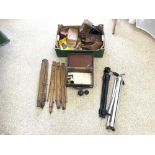 SIX VINTAGE WOODEN EASELS, MAHOGANY CAMERA BOX, AND CAMERA CASES ACCESSORIES