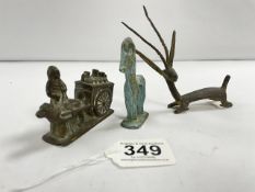 A BRONZE FIGURE OF A DEER, A BRONZE FIGURE OF A MILKMAID WITH DOG AND CART AND A BRONZE FIGURE OF