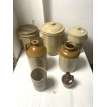 THREE STONEWARE FLOUR JARS WITH LIDS AND THREE OTHER STONEWARE JARS