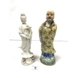 A CHINESE PORCELAIN FIGURE OF A SAGE, 26CMS AND A BLANC DE CHINE FIGURE OF QUAN YIN, 25CMS