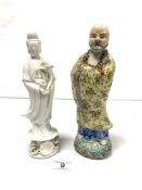 A CHINESE PORCELAIN FIGURE OF A SAGE, 26CMS AND A BLANC DE CHINE FIGURE OF QUAN YIN, 25CMS