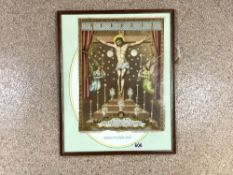 A FRAMED PRINT OF CHRIST ON THE CROSS WITH OUR FATHER PRAYER, 30 X 40CMS
