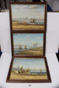 A SET OF THREE OILS ON CANVAS BEACH SCENES WITH FIGURES AND BOATS, 30 X 40CMS