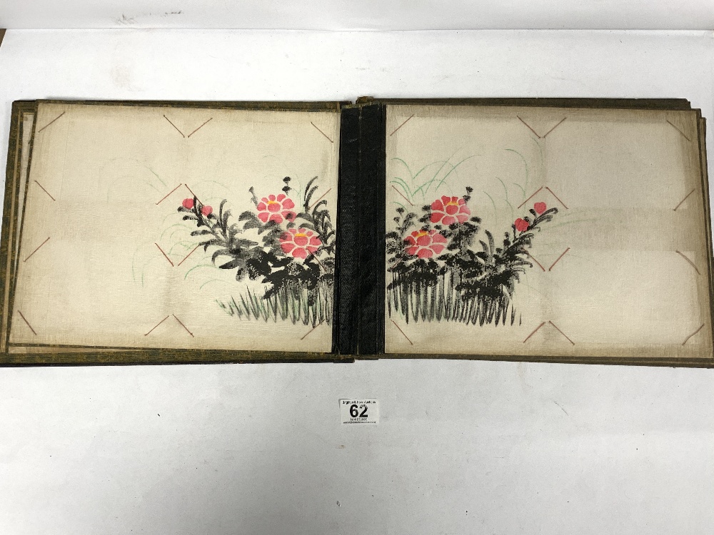 A JAPANESE LACQUER ALBUM CONTAINING WATERCOLOURS OF FLOWERS, BAMBOO TREES AND HATS - Image 2 of 4