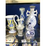 FIVE CERAMIC VASES - VARIOUS BLUE AND WHITE AND ONE BLUE AND YELLOW GROUND