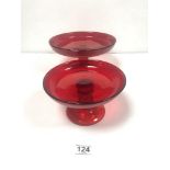 TWO RUBY GLASS CAKE STANDS, 26CMS DIAMETER