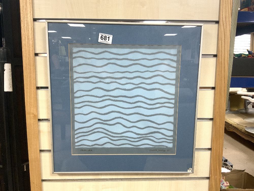 A FRAMED GOUACHE - ENTITLED CALM SEA - SIGNED BY CHARLOTTE JENNINGS 82, 30 X 30CMS