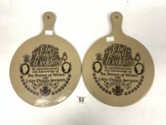 TWO STONEWARE CHEESEBOARDS OF LTD EDITION OF 5000 TO COMMEMORATE THE WEDDING OF CHARLES AND DIANA