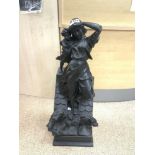 A LARGE 19TH CENTURY SPELTER FIGURE OF A MOTHER AND CHILD ESCAPING A FIRE ON A ROOF TOP, 80CMS HIGH