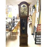 A MODERN OAK AND LEADED LIGHT CASE GRANDDAUGHTER CLOCK WITH BRASS DIAL AND MOONPHASE BY