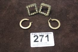 A PAIR OF 9CT GOLD HALF HOOP EARRINGS 2.5 GRAMS AND A PAIR OF WHITE STONE SET COSTUME EARRINGS BY