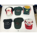 SIX FORMULA ONE RACING CAPS FOR TOYOTA, MCLAREN, SUPER AGUN, MARK WEBBER AND TWO JAGUAR RACING