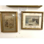 WATERCOLOUR ROUGH SEAS ON ROCKS LAMB, 1935, 25 X 18CMS AND WATERCOLOUR OF A WATERMILL, 17 X 25CMS