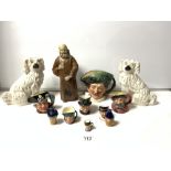 A FRENCH POTTERY MONK FORM BOTTLE OF LIQUER DE CASSIS UNOPENED AND SEVEN ROYAL DOULTON CHARACTER