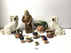 A FRENCH POTTERY MONK FORM BOTTLE OF LIQUER DE CASSIS UNOPENED AND SEVEN ROYAL DOULTON CHARACTER