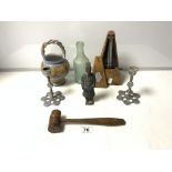 A CHINESE FIGURE, A PAIR OF ENGRAVED STEEL CANDLESTICKS, MAJOLICA VASE, METRONOME ETC