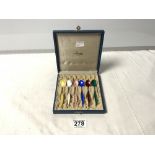 A CASED SET OF SIX 925 STERLING STAMPED ENAMEL TEA SPOONS BY MAGNUS AASE, NORWAY