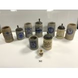 NINE VINTAGE GERMAN STONEWARE BEER STEINS FAIR WITH PEWTER LIDS THESE INCLUDE FIRST WORLD WAR THEMES