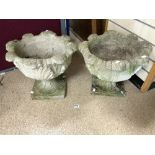 A PAIR OF 20TH CENTURY TWO PART STONE GARDEN URNS WITH ACANTHUS LEAF DECORATION, 48 X 30CMS