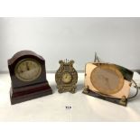 A SMITHS ART DECO PEACH GLASS ELECTRIC MANTEL CLOCK AND A MAHOGANY MANTEL CLOCK AND ANOTHER