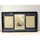A FRAMED PRINT OF HMS WARSPITE AT SEAPA FLOW BY DENNIS ANDREWS, ACCOMPANIED BY TWO TELEGRAMS
