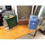 A VINTAGE SHELL OIL CAN, ESSO EATRA MOTOR OIL BOTTLE, ANOTHER SHELL CAN, AND A PETROLEUM CAN