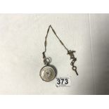 A LADIES FINE SILVER POCKET WATCH WITH CHAIN AND KEY
