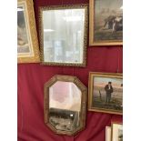 A GILT FRAMED BEVELLED WALL MIRROR, 53 X 63CMS AND A 1920S OAK FRAMED WALL MIRROR