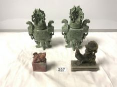 A PAIR OF 20TH CENTURY CHINESE GREEN SOAPSTONE LIDDED CENSORS AND A SOAPSTONE SEAL, AND SOAPSTONE