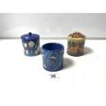 THREE DENNIS CHINA WORKS JAM POTS, TWO WITH LIDS, WITH RABBIT AND FLORAL DECORATION