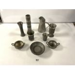 FIVE VINTAGE GRENNINGLOH GERMAN PEWTER BAR WARE AND TWO NORWEGIAN PEWTER JUGS AND A SUGAR BOWL BY