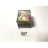 A WHITE METAL RECTANGULAR TRINKET BOX WITH PORCELAIN LID ROMANTIC SCENE AFTER FRAGONARD, 7.5CMS