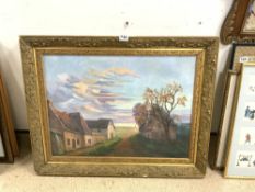 EARLY 20TH CENTURY OIL ON CANVAS COUNTRY HOUSES IN LANDSCAPE, 72 X 53CMS SIGNED MARK TOUGIAS 1919