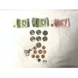 A QUANTITY OF COINS, BANKNOTES, AND A 1950S DANCING LADY BROOCH