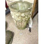 A 20TH CENTURY OVAL STONE GARDEN VASE WITH EMBOSSED MAIDEN DECORATION, 48 X 30CMS