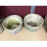 TWO STONE BARRELL-SHAPED GARDEN PLANTERS, 43 X 26CMS