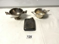 A PLATED HIP FLASK AND TWO PLATED SUGAR BOWLS