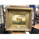A 20TH CENTURY OIL OF CATTLE AND SHIP IN HEAVY GILT FRAME, 24 X 19CMS