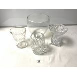 A CLEAR GLASS VASE 19 X 20 CMS AND THREE SMALLER CUT GLASS VASES