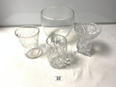 A CLEAR GLASS VASE 19 X 20 CMS AND THREE SMALLER CUT GLASS VASES