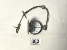 A HALLMARKED 925 SILVER POCKET WATCH CASE BY JJH ENGINE TURNED CASE WITH EARLY WATCH CHAIN