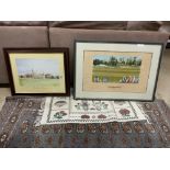 TWO FRAMED AND GLAZED SIGNED CRICKET PICTURES, ARUNDEL CASTLE CRICKET GROUND, DUCHESS OF NORFOLK'S