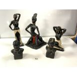 THREE 1950S BLACK-PAINTED PLASTER FIGURES OF LADIES, THE TALLEST 38CMS AND TWO BUSTS OF A MAN AND