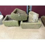 THREE ANTIQUE STONE TROUGHS AND A STONE STAND, THE LARGEST 62 X 50 X 28CMS