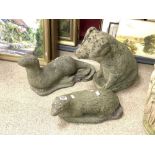 THREE 20TH CENTURY STONE GARDEN FIGURES OF A PIG, OTTER AND A BADGER, THE LARGEST 44CMS