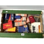 THREE BOXED HORNBY WAGONS AND TRACK WITH OTHER ACCESSORIES AND A TRIX TWIN RAILWAY GOODS WAGON IN
