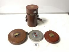 THREE VINTAGE RABONE & SONS CARPET MEASURES AND A JB RESERVE THREE SECTION TRAVEL FLASK SET