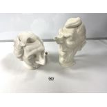TWO WHITE CERAMIC MAGGIE THATCHER AND RONALD REGAN CHARICATURE TEAPOTS