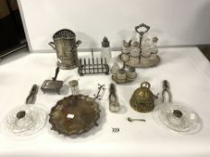 A SILVER-PLATED SIX BOTTLE CRUET TOAST RACK, TWO GLASS INKWELLS, AND MORE